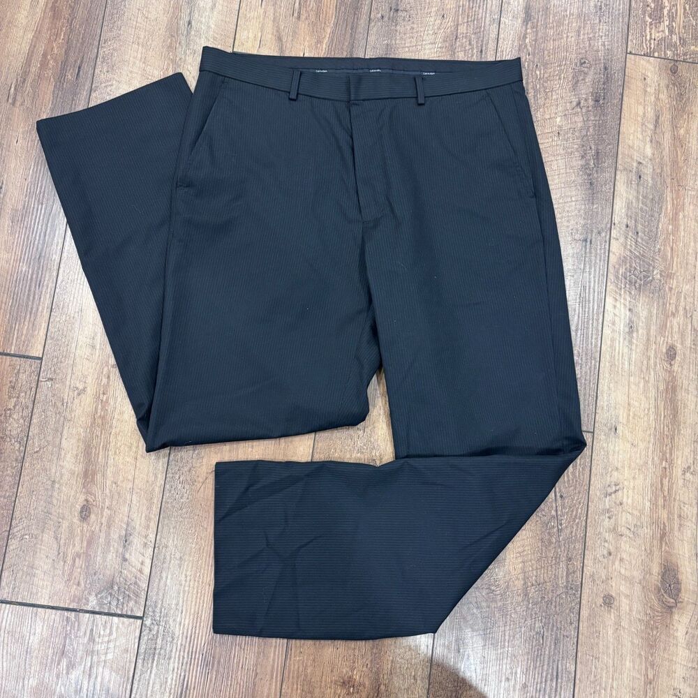 CALVIN KLEIN Mens Black Stripe Dress Pants 33x30 Straight Leg Polyester Rayon - Picture 2 of 5
